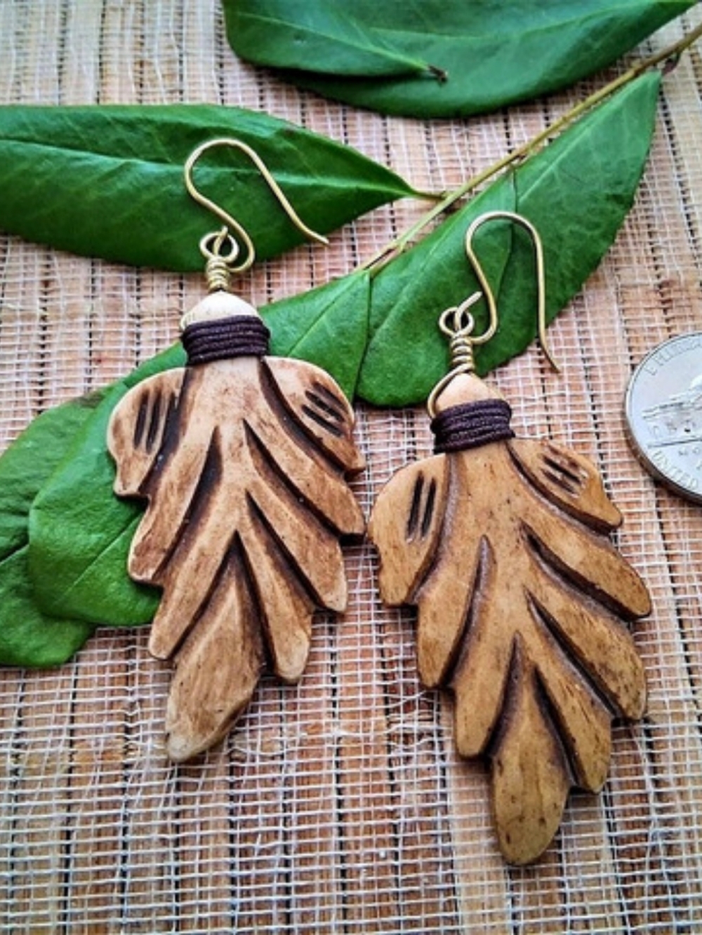 Bone Leaf Dangle Earrings Handcrafted Brass Findings